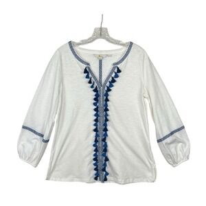 BODEN Alison Boho Tassel Cotton Balloon Sleeve Blouse Beachy Coastal Size MEDIUM